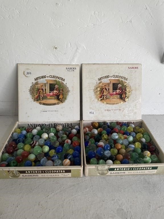 2 Vintage Cigar Boxes with Glass Marbles