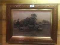 SIGNED ANTIQUE OIL PAINTING-SHEEP GRAZING