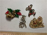 4 Christmas brooches, sled marked MYLU