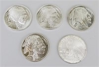 5 One Troy Ounce Fine Silver Liberty Coins.