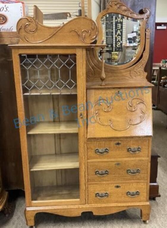 Oak Leaded glass china secretary