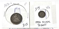 1852 Three Cent Silver VG; 1875-S Twenty Cent F