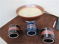 3 Mugs Large Pottery Art Bowl
