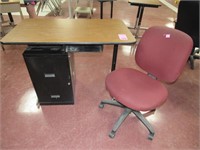 Desk, filing cabinet, and chair