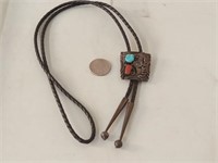 vtg  sterling & turquoise bolo tie with coral &