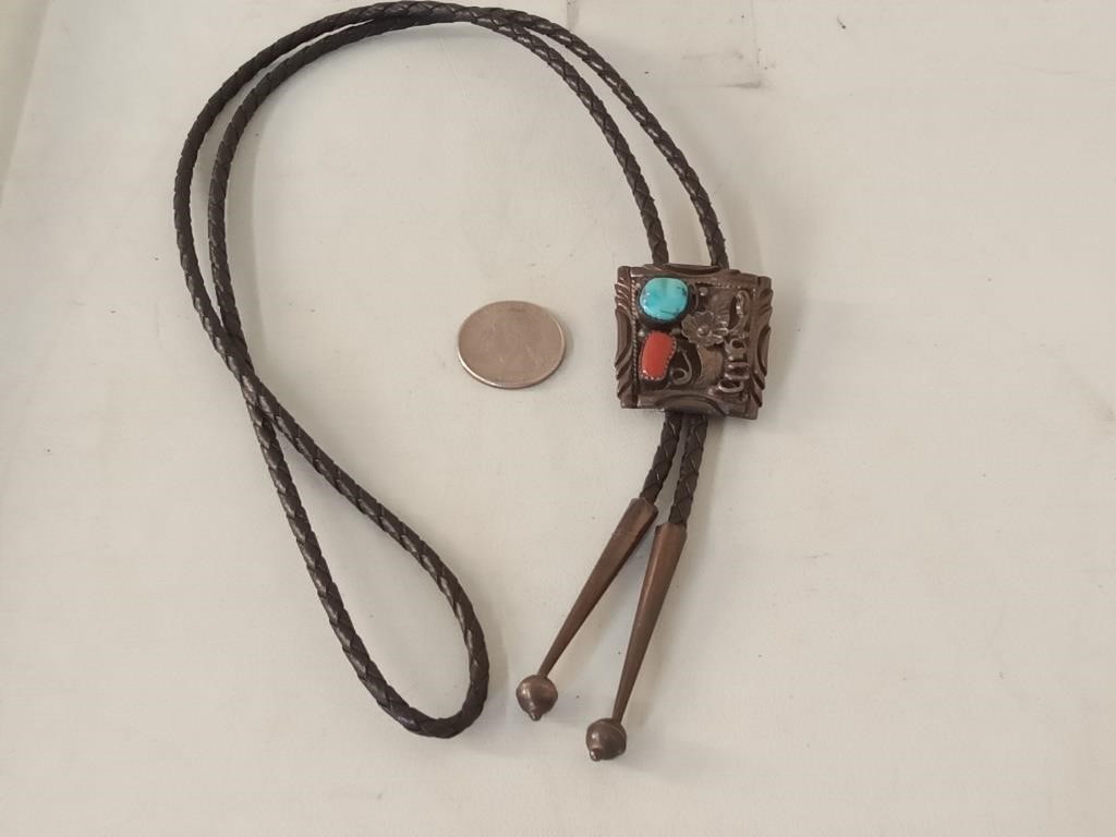 vtg  sterling & turquoise bolo tie with coral &