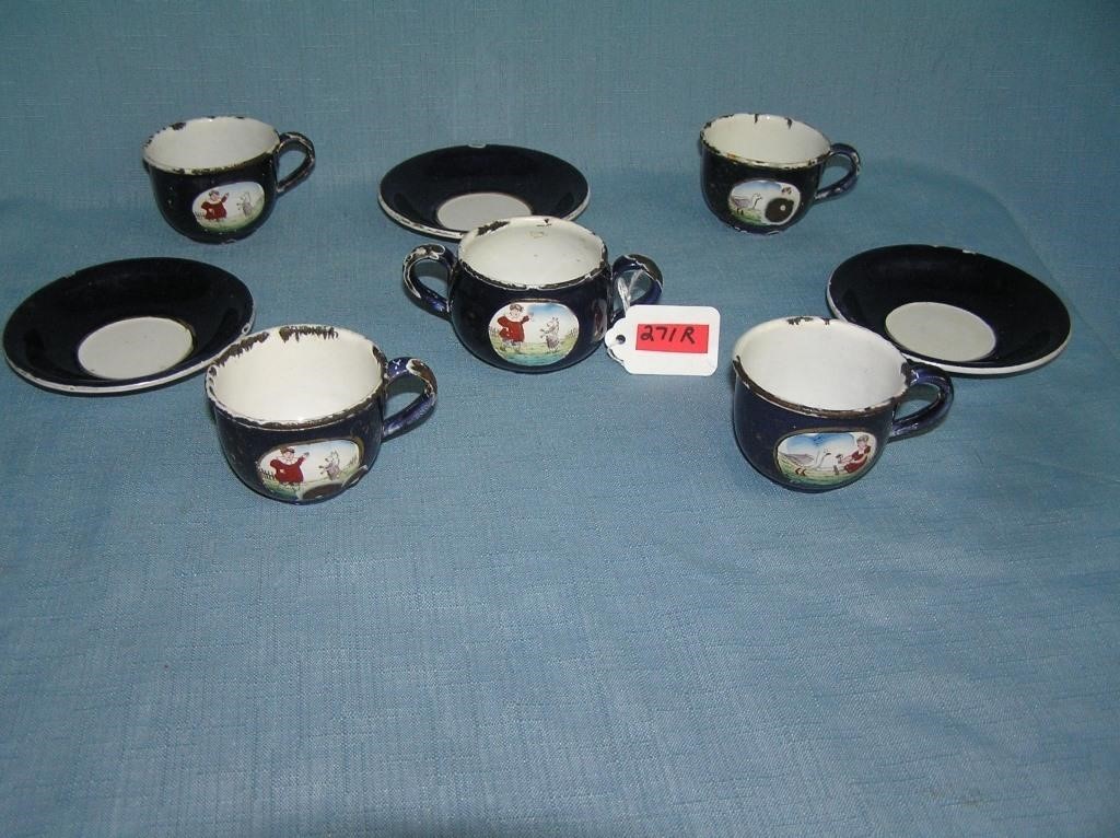 Antique 8 pc enameled porcelain over metal tea set