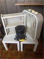 Plastic tables, Honeywell heater, fan