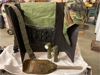 Army flashlights, belt, hat, bag and shovel