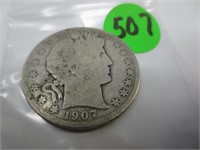 1907 Barber silver half dollar, good