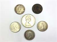 6 Canadian Silver 5 Dimes & 1 Quarter 1930-1968