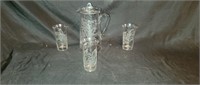 Antique Cut Glass Covered Pitcher with 3 Tumblers