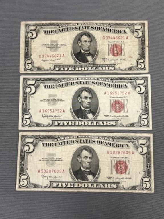 (3) Red Seal $5.00 Bills
