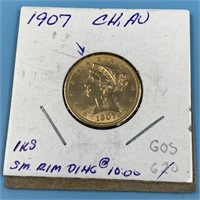 1907 $5 gold piece, Choice AU Liberty