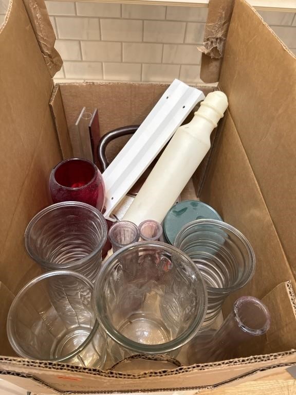 Vases, plastic rolling pin and more