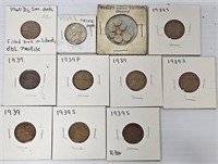 Lot of Coins & 1939 Wheat Pennies & Replica Coins