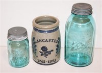 Salt Glazed Lancaster Crock, 2 Blue Ball Jars w/