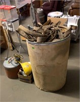 BARREL OF HARNESS PARTS, GAS CAN, HARD HATS & MISC