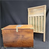 Oak box, brass bound wine box with Lion on top,