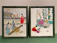 2 Antique Japanese Embroidery on Silk Framed