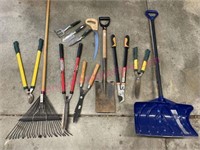 Yard tools, rake, pruners, shovels, etc