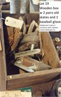Wooden box w 2 pairs Union Hdw Co skates + glove