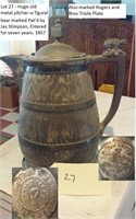 Huge  dated 1857 metal pitcher w figural bear