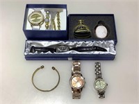 Assorted costume jewelry. MGM Grand watch, pocket