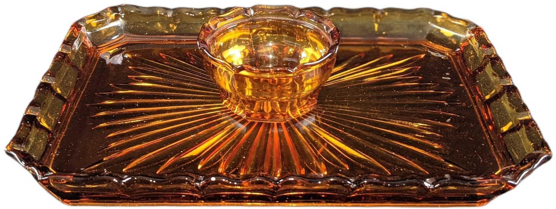 Vintage Amber Glass Tray & Dip Bowl