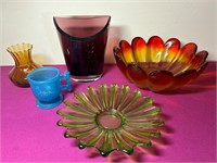 Colored Glass Floral Bowl, Green Plate +++
