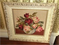 framed needlepoint vase of roses