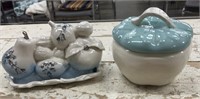 Unique Fruit Butter Dish and Blue and Whute