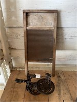 ANTIQUE APPLE PEALER AND WASHBOARD