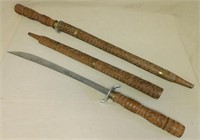 Thai Relief Carved Teak Swords with Sheaths.