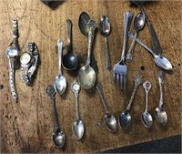 Silverplate spoons, 2 ladies' watches