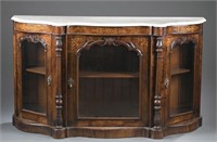 Inlaid Victorian server with white marble top.