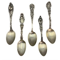 5 Unique Antique STERLING Decorated Spoons