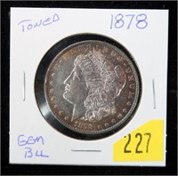 1878 Morgan dollar, gem BU, toned