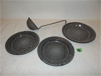 Grey Graniteware Ladle, Pie Plate, Two plates