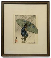 Helen Hyde Color Woodblock Print "Family Umbrella"
