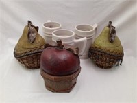 Apple&pear containers w/ lids and Stoneware mugs