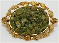 Vintage Jade Chip Oval Gold Tone Brooch - Marked