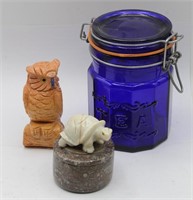Vintage Cobalt Blue Glass Tea, Carved Stone Owl &