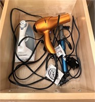 Drawer Contents - Hair Dryer, Curling Iron & Iron