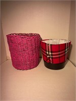 pink woven wicker & plaid and black basket
