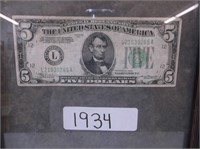 1934 FIVE DOLLAR BILL IN FRAME