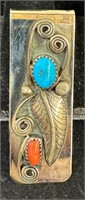Silver Navajo Money Clip Turquoise & Coral