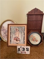 Walnut spoon rack, framed rose plate, embroidery