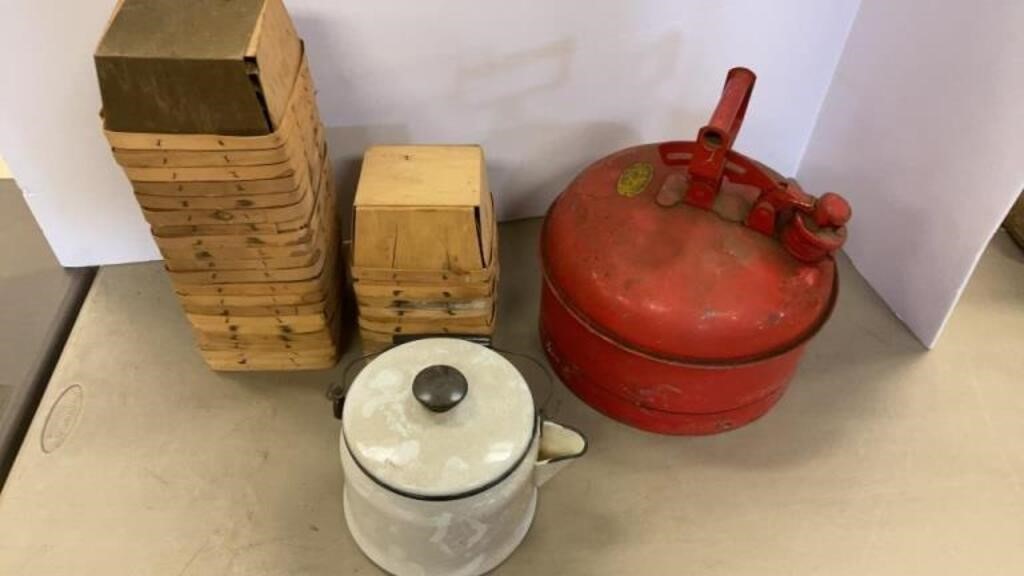 Gas can, boxes and coffee pot