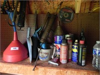 Lot with Funnels, Grease Gun, Dust Pan, Misc.